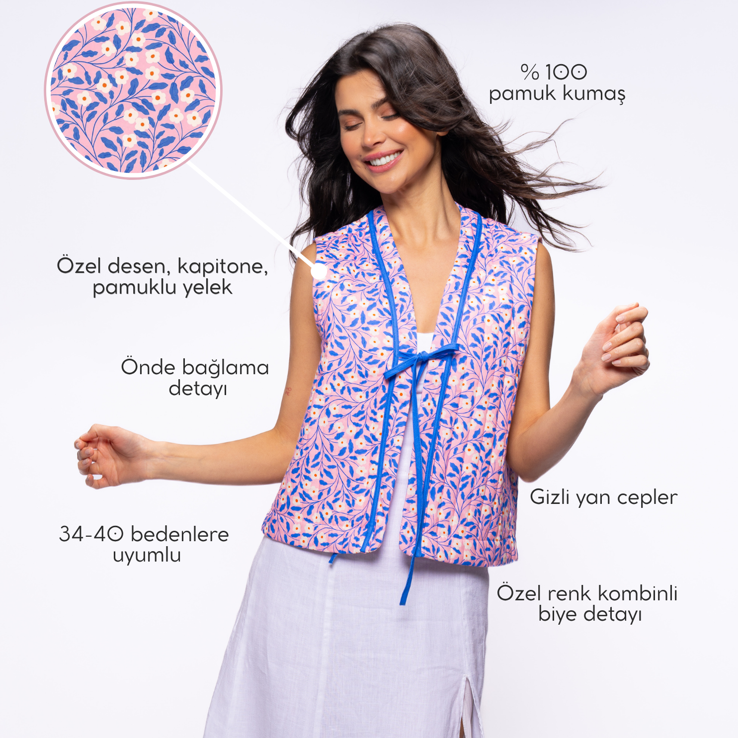 Azure Dream kapitone yelek yakından görünüm, yüksek kaliteli dış giyim