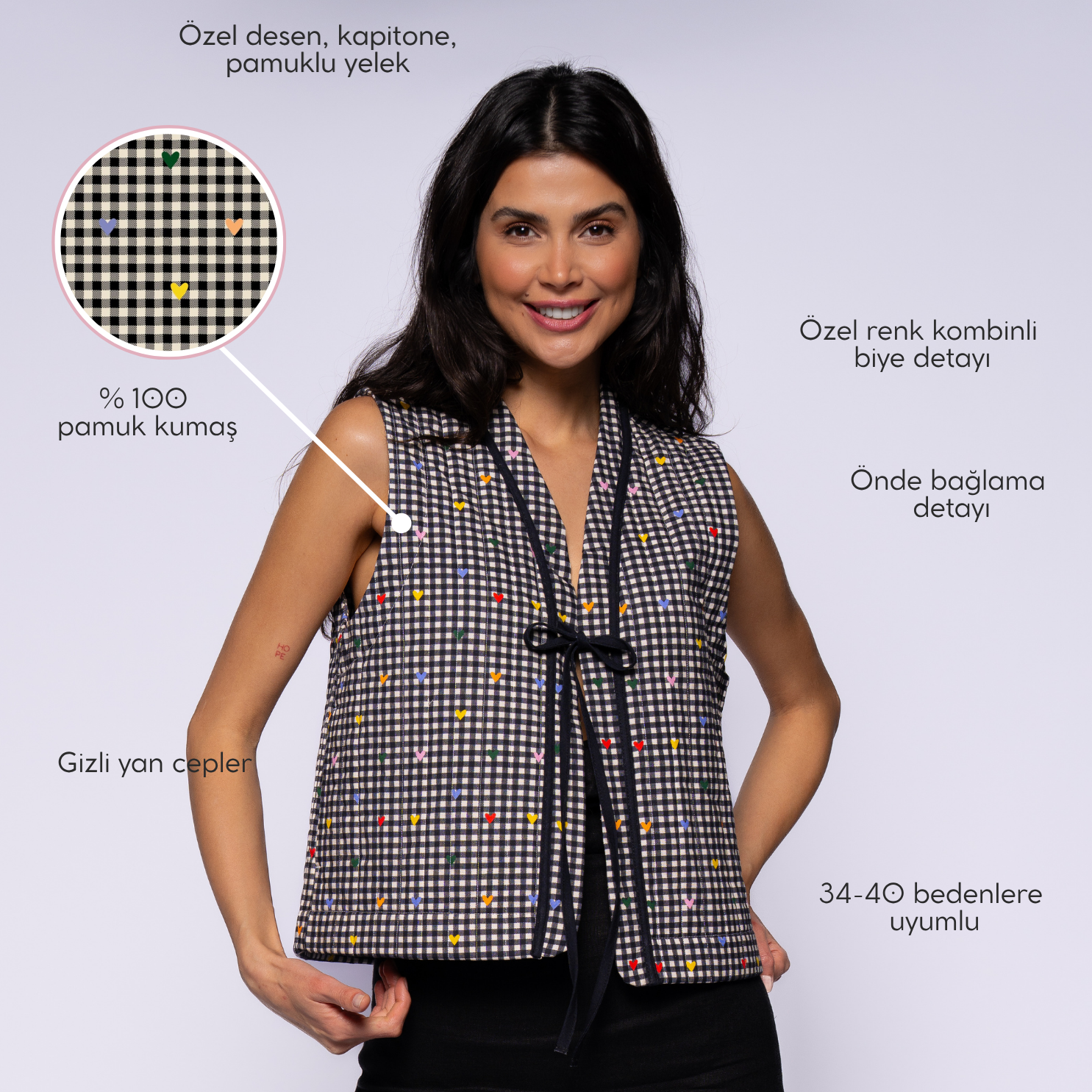 Cherry Pop kapitone yelek kumaş detayı, yüksek kaliteli kapitone doku