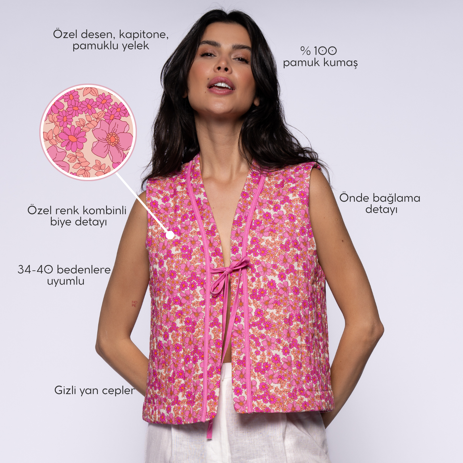 Cotton Candy kapitone yelek ön detay, kapitone doku ve pastel renklerle şık model