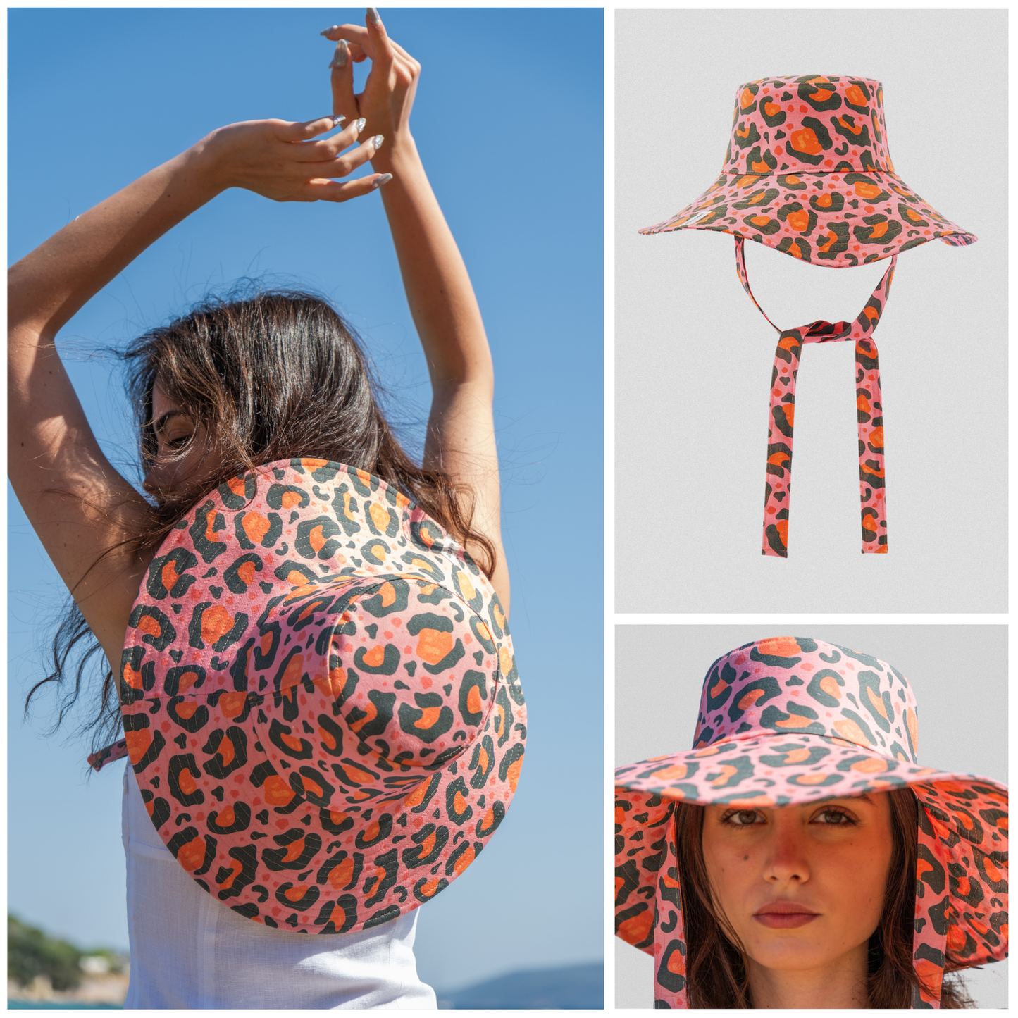 Pink Leopard bucket şapka çene bant detayı, konforlu kullanım ve şık desen