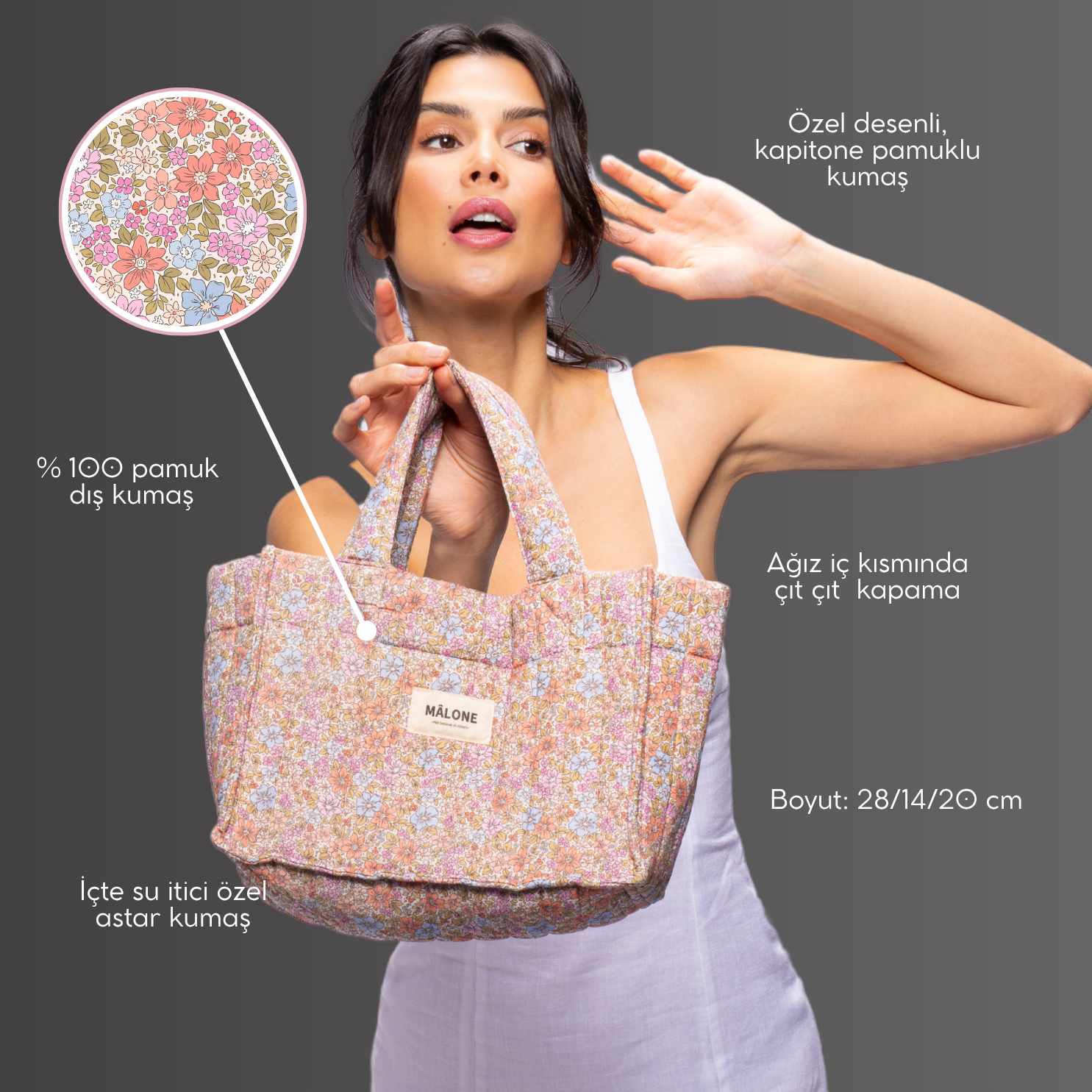 Kompakt boyutlarıyla günlük eşyalar için ideal Soft Garden Petit Tote, elde veya kol üzerinde rahatça taşınabilen modern bir mini çantadır.